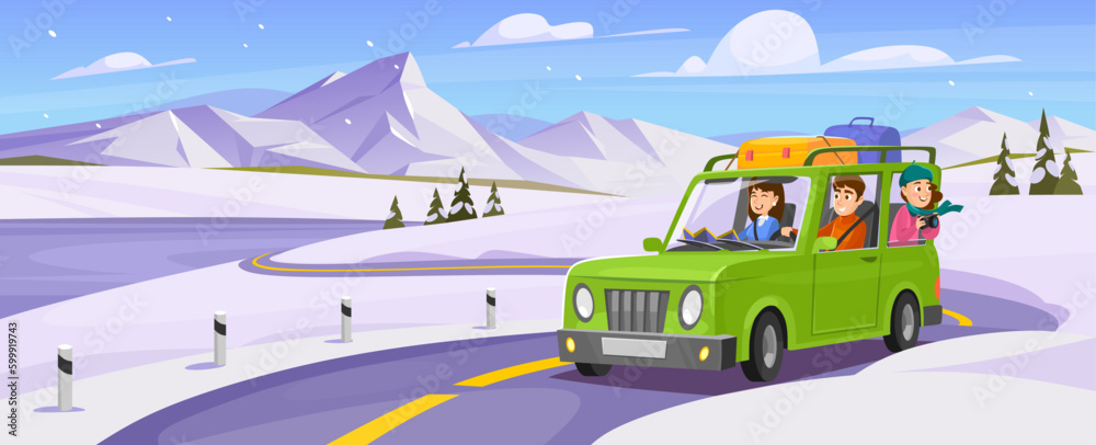 Winter vector illustration of a family traveling by car on a snowy road trip. A father, mother, and daughter on a journey to the mountains. The snow covered landscape background for any travel design.