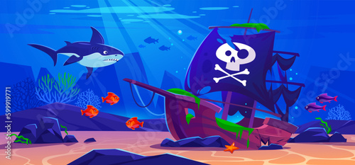 Vector illustration of a sunken pirate shipwreck on the seabed in the ocean