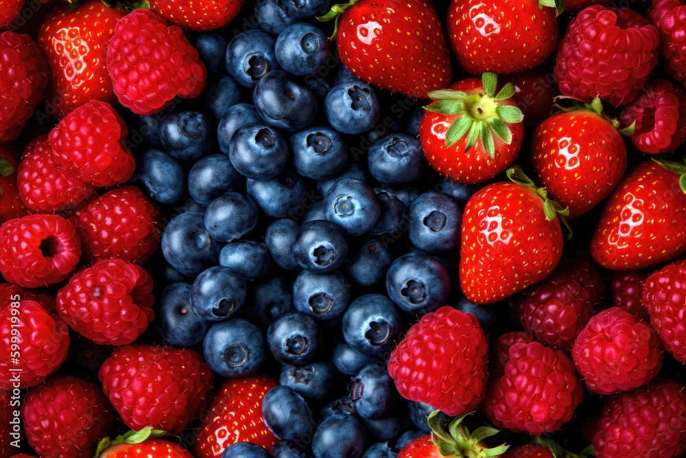 colorful assortment of freshly picked organic berries, Generative AI - obrazy, fototapety, plakaty 
