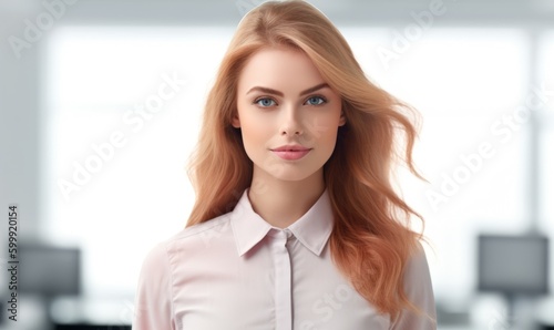 Free Download A confident brunette businesswoman stands tall in her office, radiating an air of professionalism and determination.. Generative AI. - GFXLoad
