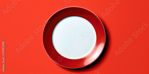pefect empty plate on flat red background, Generative AI photo