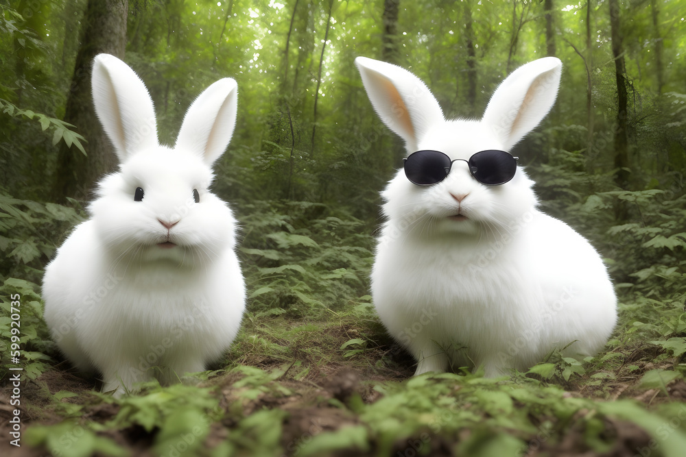 two white bunnies in the forest - Generative AI two white bunnies in the forest - Generative AI