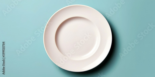 pefect empty plate on flat blue background, Generative AI