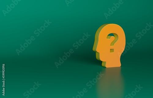 Orange Human head with question mark icon isolated on green background. Minimalism concept. 3D render illustration photo