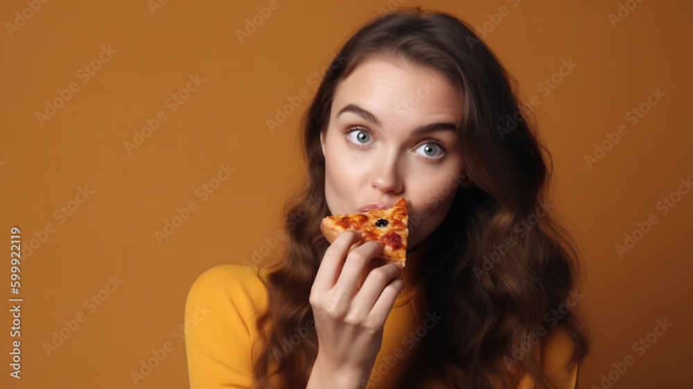 Happy woman enjoying a delicious slice of Italian pizza, dressed in casual shirt, isolated over orange background. Lunch time concept. Hungry girl. Generative AI Happy woman enjoying a delicious slice of Italian pizza, dressed in casual shirt, isolated over orange background. Lunch time concept. Hungry girl. Generative AI