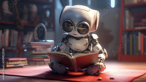 AI baby robot reading book, AI robot learning 