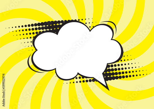 Pop art style. Retro vector illustration icon with pop bubble on yellow background. Speak cloud. Wavy rays.