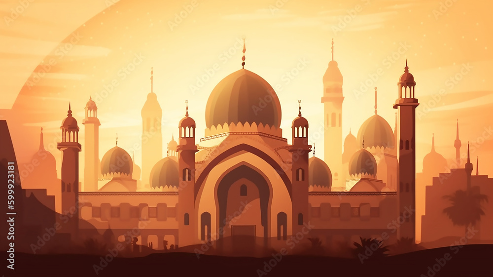 generative AI tools, sun rays beaming through spectacular domes of a mosque. Beautiful Islamic religious background illustration 