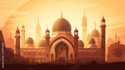 generative AI tools, sun rays beaming through spectacular domes of a mosque. Beautiful Islamic religious background illustration 