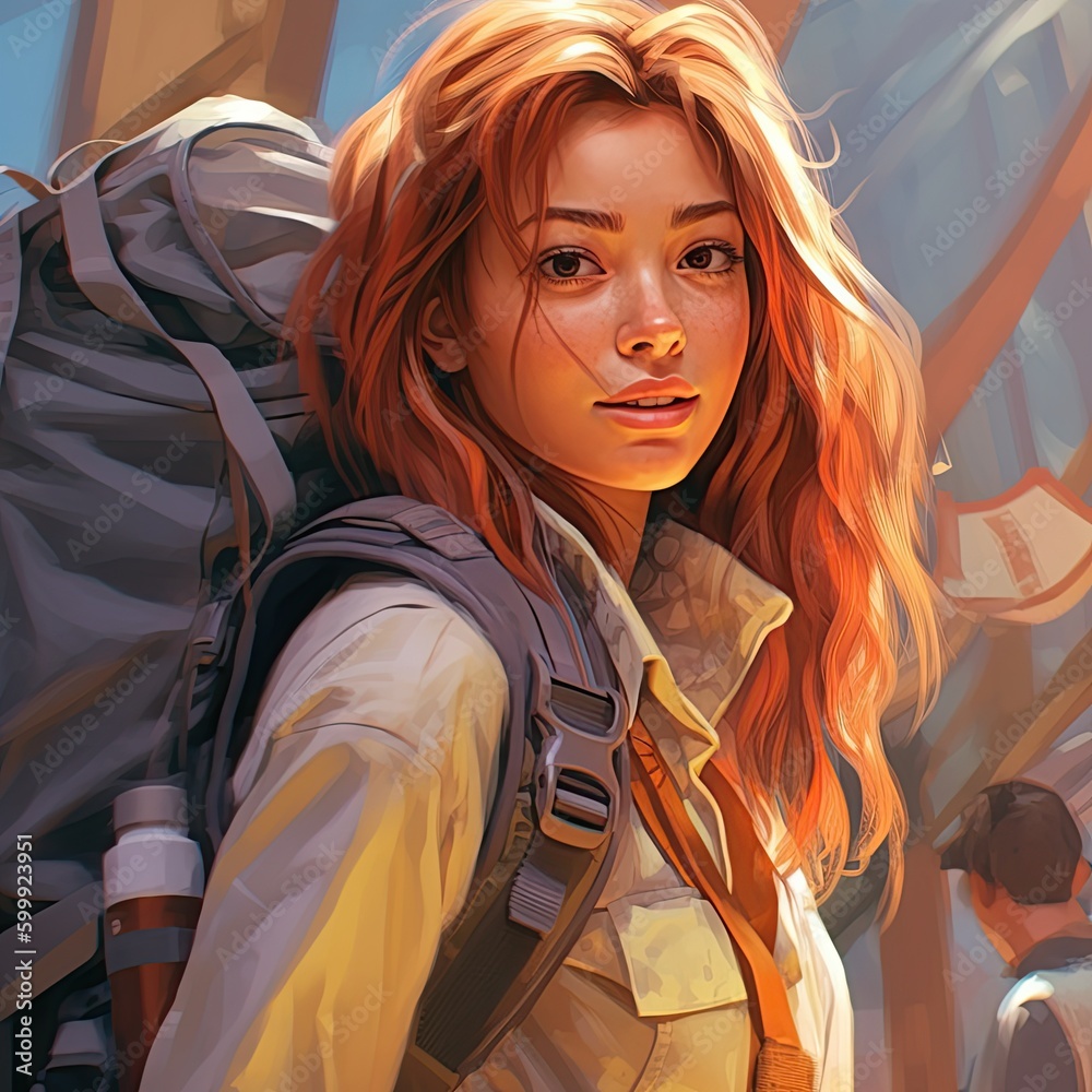 Illustration of a backpacking girl and abstract art, AI Generated Illustration of a backpacking girl and abstract art, AI Generated