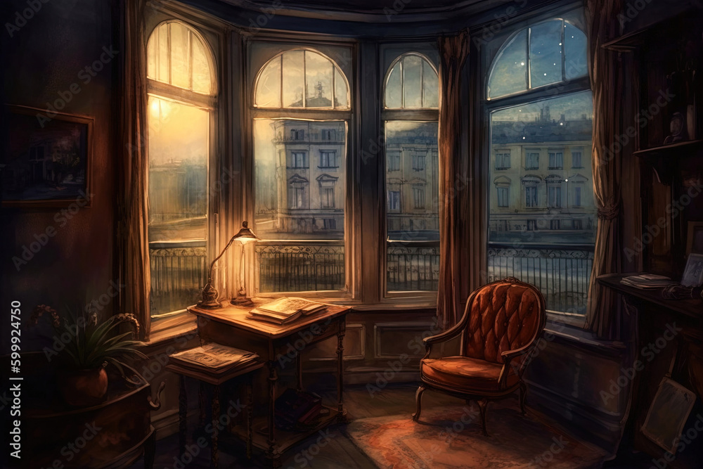 View through window in a cosy room in warm evening light with a view of ...