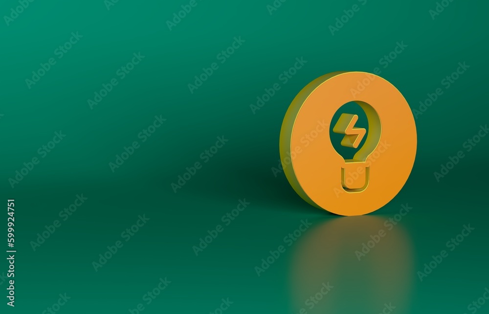 Orange Light bulb with concept of idea icon isolated on green background. Energy and idea symbol. Inspiration concept. Minimalism concept. 3D render illustration Orange Light bulb with concept of idea icon isolated on green background. Energy and idea symbol. Inspiration concept. Minimalism concept. 3D render illustration
