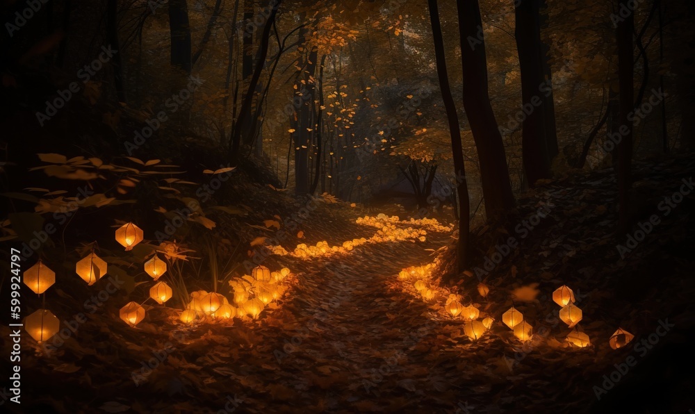 Obraz premium a path in the woods with lit lanterns on the ground. generative ai