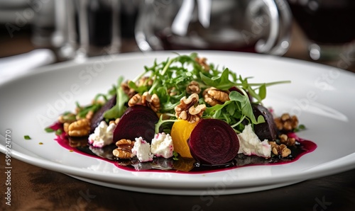  a white plate topped with a salad of beets and nuts. generative ai