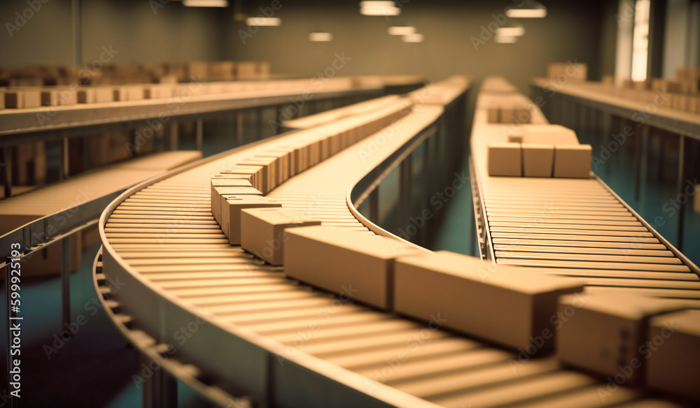 a conveyor belt with boxes running through a warehouse a conveyor belt with boxes running through a warehouse