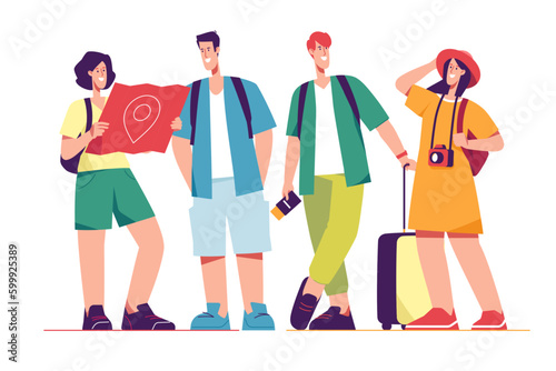 Vector illustration of a group of happy friends tourists travelers