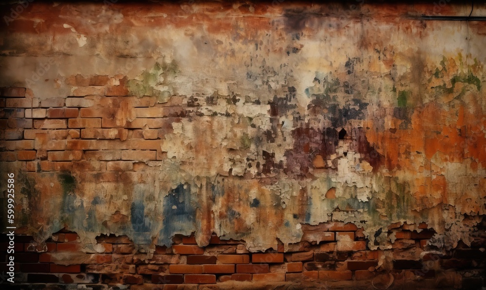  an old brick wall with peeling paint and a rusted surface.  generative ai