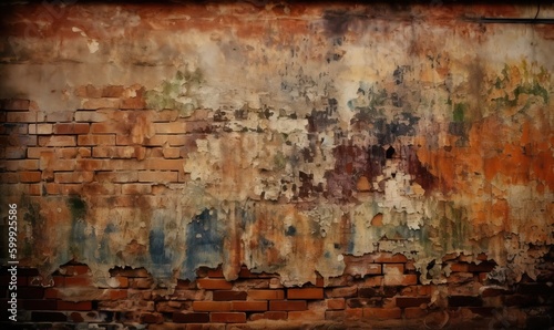  an old brick wall with peeling paint and a rusted surface. generative ai