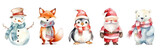 Set of watercolor characters isolated on white background. Polar bear, fox, penguin, snowman and Santa Claus. 