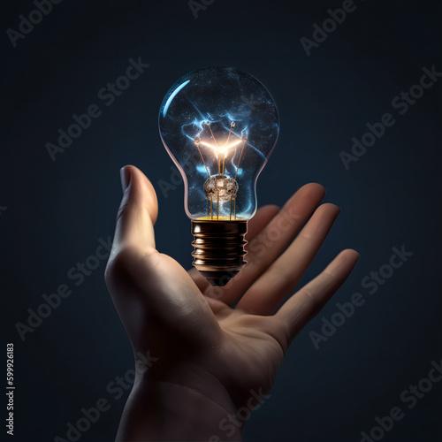 Hand with light bulb, dark background, futuristic, mind and good idea