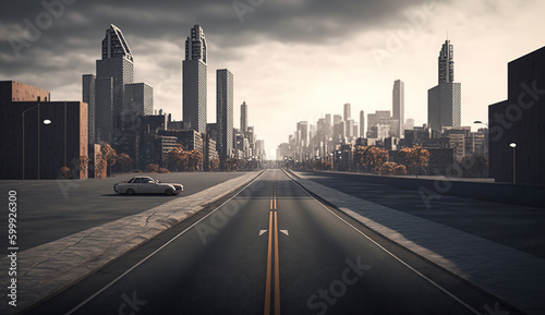 empty asphalt road of a modern city with skyscrapers. Generative Ai