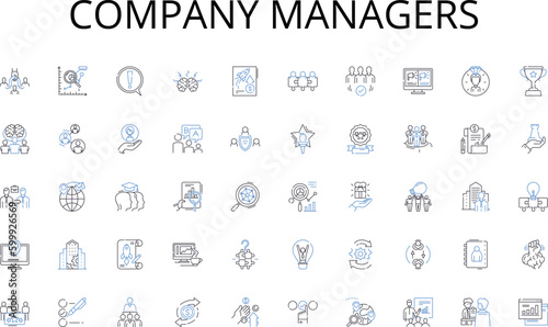 Company managers line icons collection. Impression, Click-through, Conversion, CPM, CPC, Retargeting, Display vector and linear illustration. Banner,Video,Native outline signs set