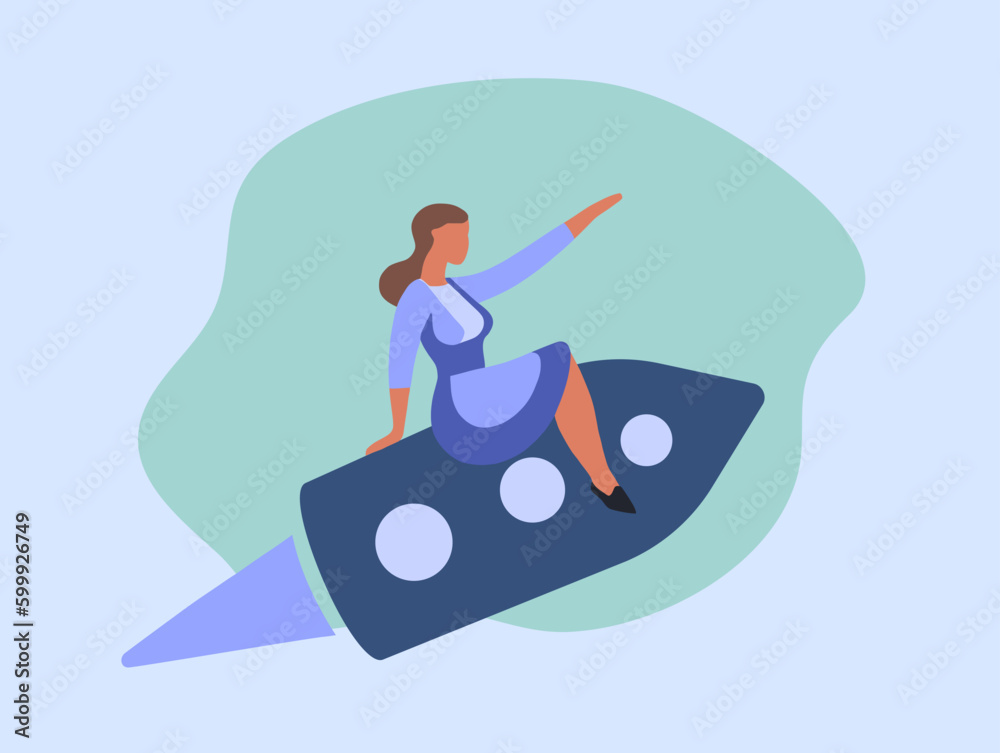 A woman sitting on top of a rocket. She is wearing a blue dress and is pointing forward. The rocket has a tail that is pointing upwards. Vector illustration in trendy minimalistic corporate style.