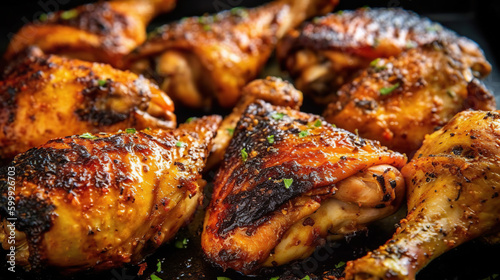 Seasoned juicy chicken drumsticks grilled on barbecue. Generative Ai