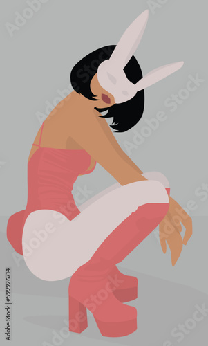 Illustration of a girl with a square in a bunny costume. A young and beautiful lady in a swimsuit, tights, high-heeled shoes and a bunny mask. Design for avatars, posters, backgrounds, templates.