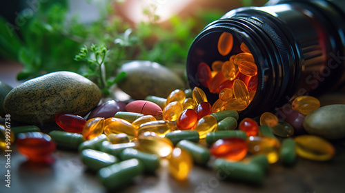 Alternative medicine herbal organic capsule with vitamin E omega 3 fish oil, mineral, drug. Generative Ai