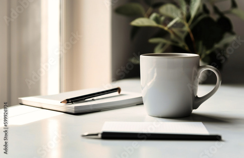 a white desk with a writing tablet pen and a coffee mug