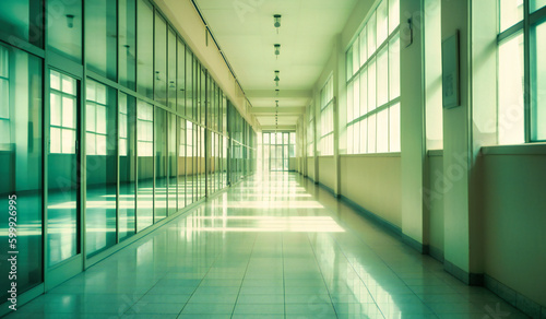 hospital corridor with tall glass windows