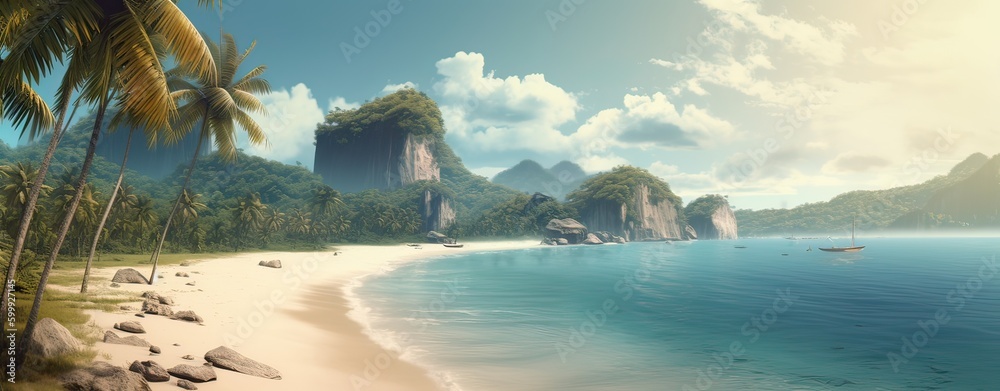 Fototapeta premium Sky and sun at sea background, ocean and beach vector island scenery empty cartoon. Ocean or sea water with waves and clouds in sky summer blue seascape with cloudy sky and seaside. Generative Ai