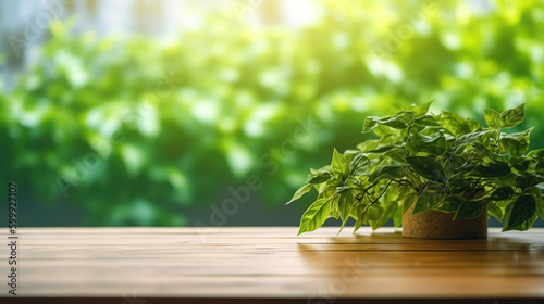 Wood table green wall background with sunlight window create leaf shadow on wall with blur indoor green plant foreground. Generative Ai