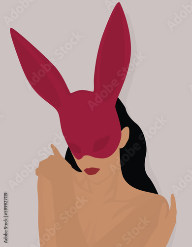 Illustration of a girl with dark hair wearing a pink bunny mask. Young lady. Design for avatars, posters, backgrounds, templates, banners, textiles, postcards.