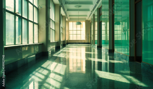 hospital corridor with tall glass windows © Nilima