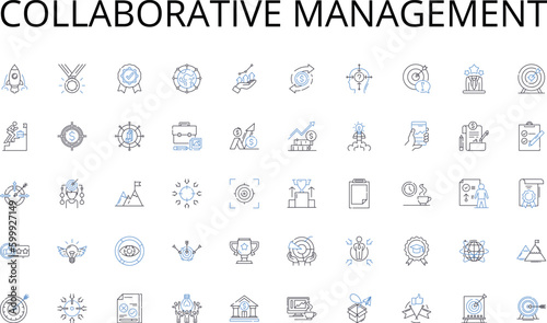 Collaborative management line icons collection. Vision, Goals, Strategies, Objectives, Tactics, Execution, Alignment vector and linear illustration. Analysis,Forecast,Prioritization outline signs set