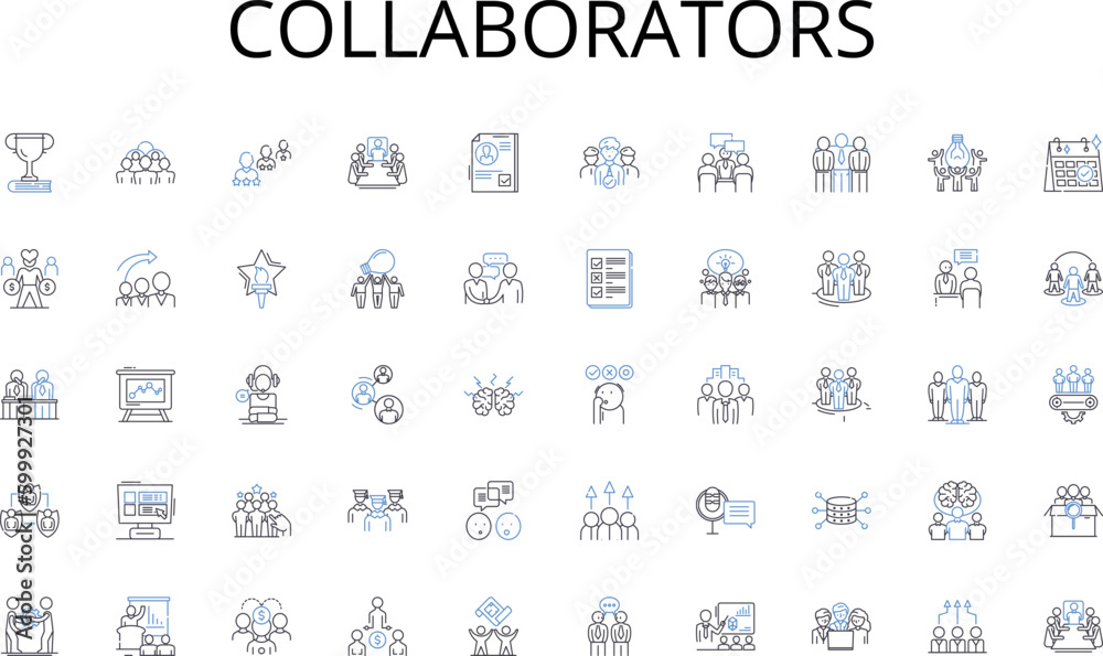 Collaborators line icons collection. Communication, Interaction, Conversation, Exchange, Understanding, Discourse, Language vector and linear illustration. Expression,Verbalize,Speak outline signs set - obrazy, fototapety, plakaty 