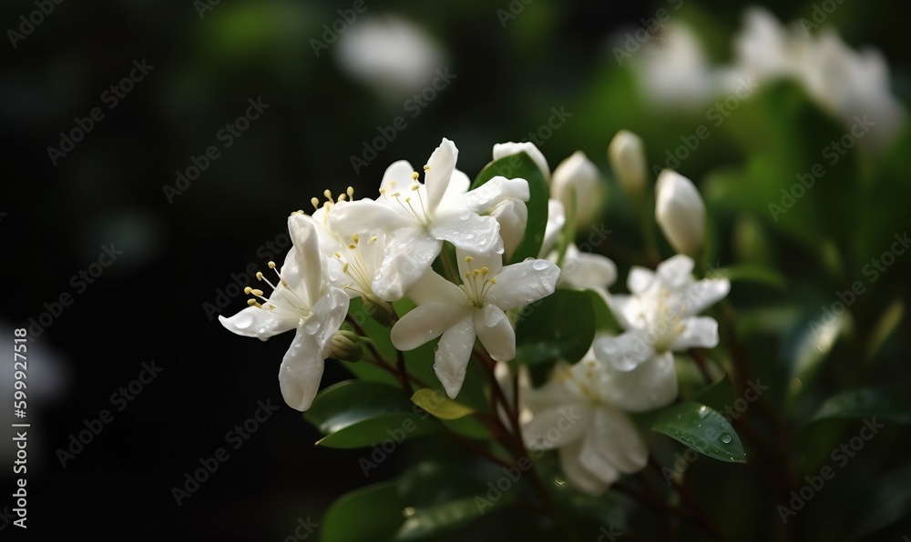  a close up of a bunch of white flowers with green leaves.  generative ai