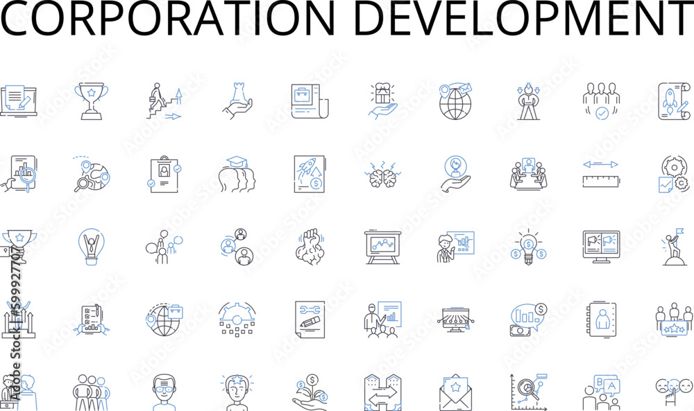 Fototapeta Corporation development line icons collection. Employment, Career, Occupation, Labor, Income, Professionalism, Responsibility vector and linear illustration. Vocation,Ambition,Commute outline signs