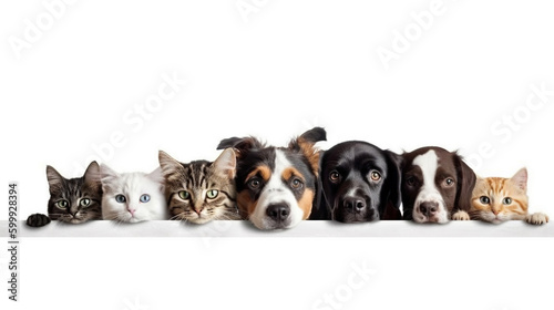 Dogs and cats peeking over web banner isolated white background. Al generated