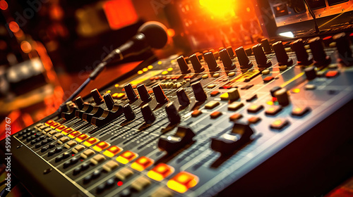 Professional microphone and sound mixer in radio station studio. Generative Ai