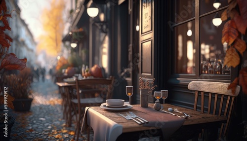 Served table and decoration of a street cafe in old town. Beautiful Background With colorfull leaves At Sunny Autumn Day. Generative AI
