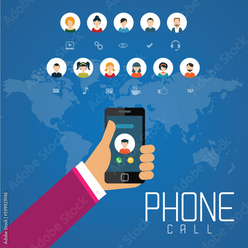 Men using smartphones, chatting, making video call, calling their girlfriends. Couples, colleagues, friends communicate by phone. Vector flat cartoon illustration.