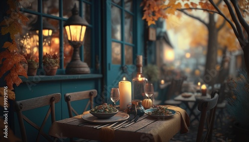 Outdoor empty coffee and restaurant terrace with potted plants tables and chairs. Served table with candels and decoration of a street cafe With colorfull leaves early Autumn morning. Generative AI