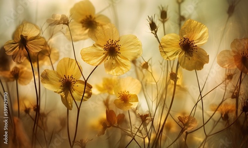  a bunch of yellow flowers that are in the grass with a blurry background.  generative ai © Olga