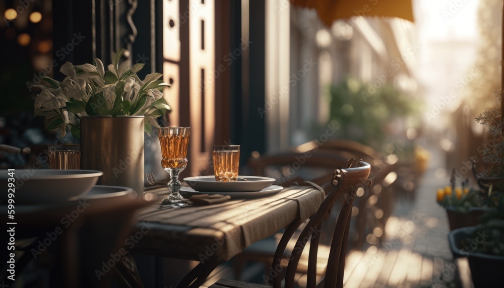 Outdoor empty coffee and restaurant terrace with potted plants tables and chairs. Served table and decoration of street cafe. Beautiful Background With colorfull leaves Sunny Autumn Day. Generative AI