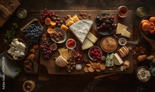  a wooden table topped with lots of different types of cheese.  generative ai