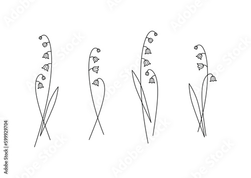 Lily valley branch colorless black contour line drawing tattoo flower, nature, botany. Minimalist contour drawing. One line artwork. Editable stroke