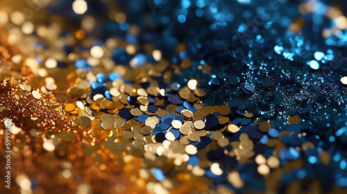 Abstract background with mixture of gold and blue colors and defocused effect. Glittery texture, touch of magic and elegance to the design. Generative Ai